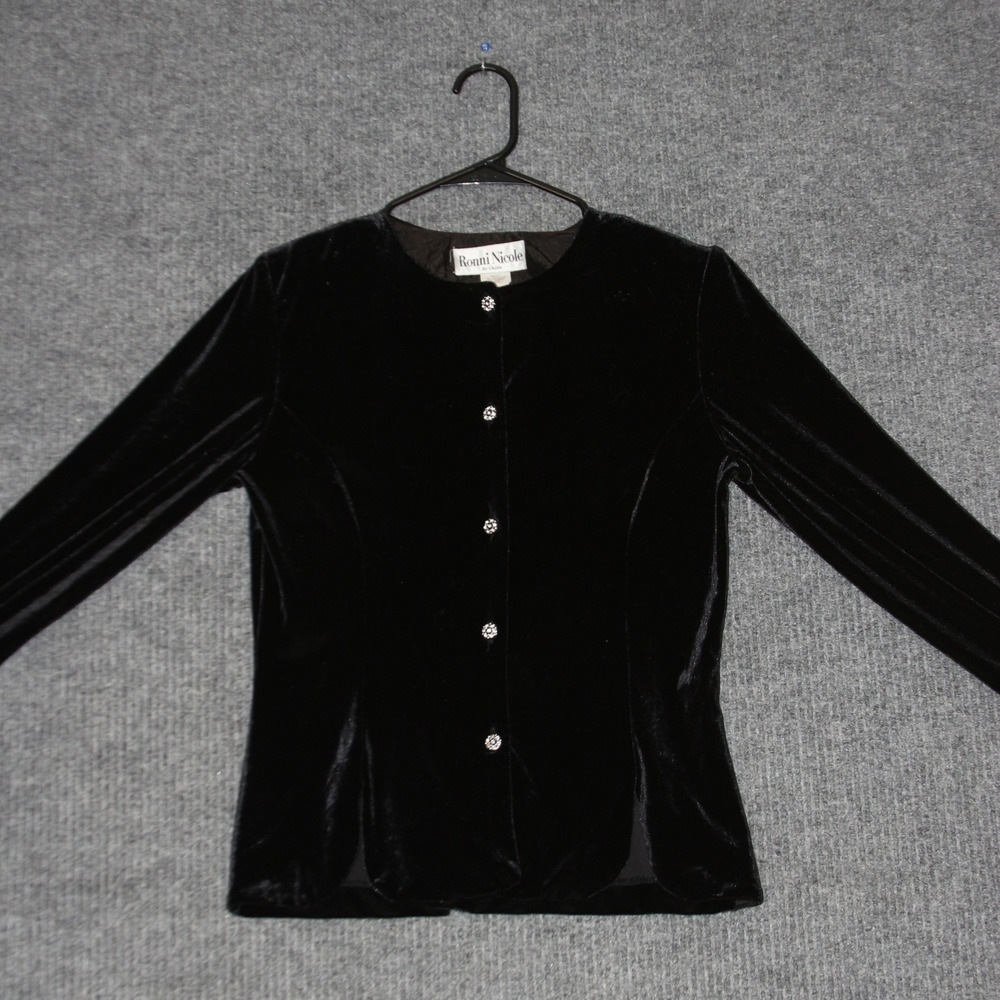 Ronni Nicole by Ouida Jacket Womens S Black Velvet Rhinestone Button Eveningwear